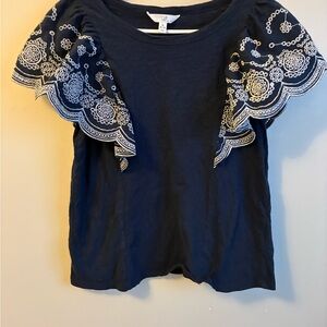 Time and Tru Navy Top with White Embroidery